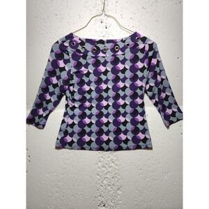 JTB Top Womens Medium Blue Purple Abstract Blouse 3/4 Sleeve Metallic Ring
